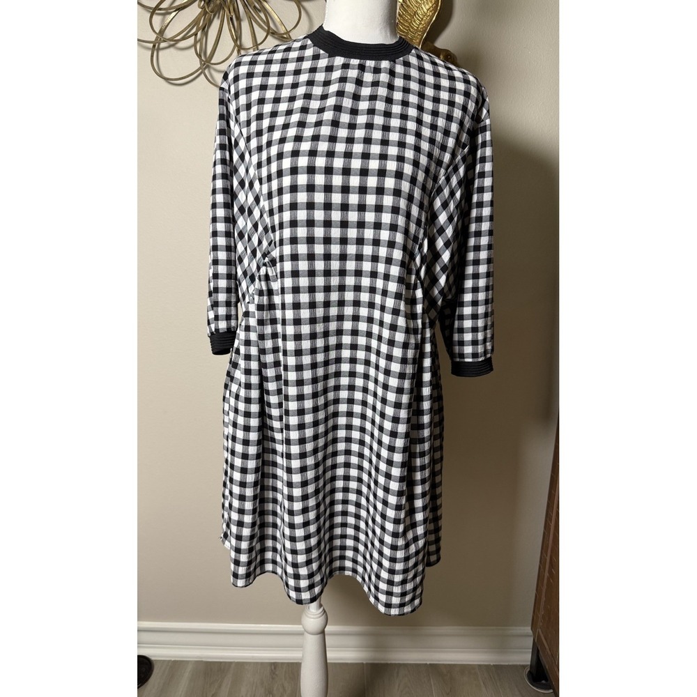 ZARA Trafaluc Dress Womens Medium Gingham Black White Babydoll Puff‎ Sleeve